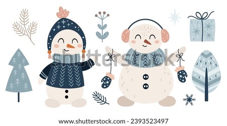 Christmas snowman clipart in cartoon flat style. Winter clipart. Vector illustration	
