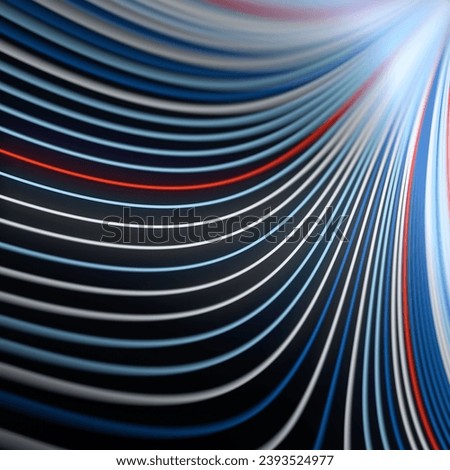 Colorful abstract digital illustration combining blue, red and white colors. The composition is characterized by a series of curved lines that create a dynamic pattern. 3d rendering