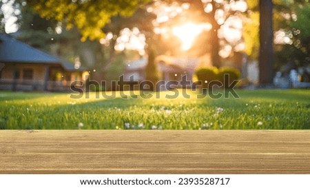 a wood table space with home backyard, blurred background for advertising template