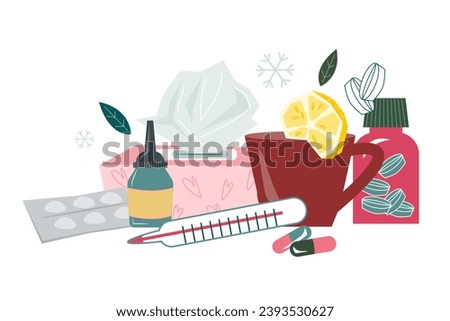 Cold and flu treatments and remedies include medication such as pills, nasal sprays, and other drugs, flat vector illustration isolated on white. Banner for seasonal diseases and flu treatment. Royalty-Free Stock Photo #2393530627