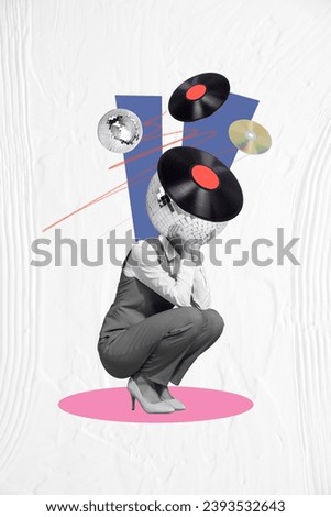 Vertical surreal photo collage of young headless woman sit in club party discotheque with disco ball instead of head vinyl record cd on creative background Royalty-Free Stock Photo #2393532643