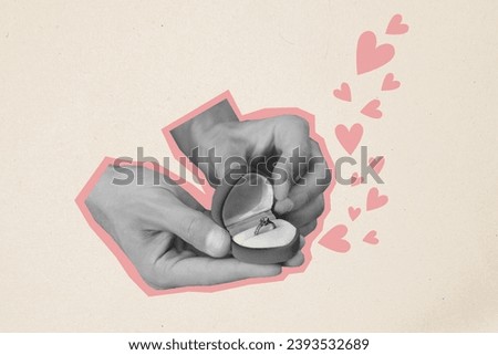 Collage picture of black white colors arms hold opened engagement ring proposition box painted heart symbols isolated on beige background