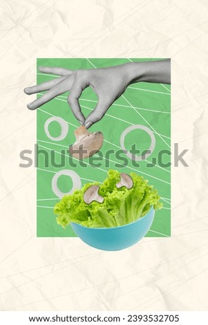 Collage artwork minimal picture of arm preparing vegetable salad isolated green beige color background