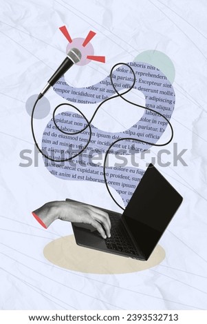 Vertical collage picture of black white colors arm typing laptop keyboard connected wired microphone book page text isolated on paper background