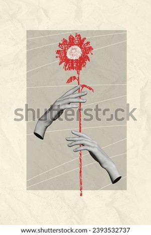 Magazine picture sketch collage of arms tacking care red sunflower isolated grey beige color background