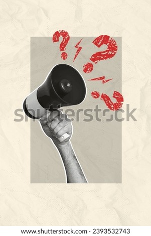 Vertical creative photo abstract composite collage of arm hold loudspeaker asking questions at protest isolated on drawing background Royalty-Free Stock Photo #2393532743