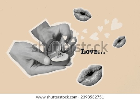 Collage image of black white effect arms hold opened engagement ring box love heart symbols pouted lips kiss isolated on beige background
