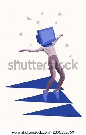 Creative collage idea concept of funky person head monitor retro display dancing stand tiptoes isolated over white color background