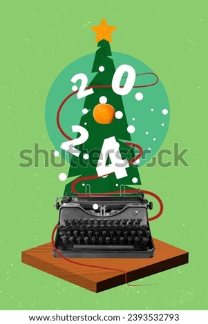 Vertical artwork collage picture of retro typing machine new year 2024 tree isolated on creative painted green background