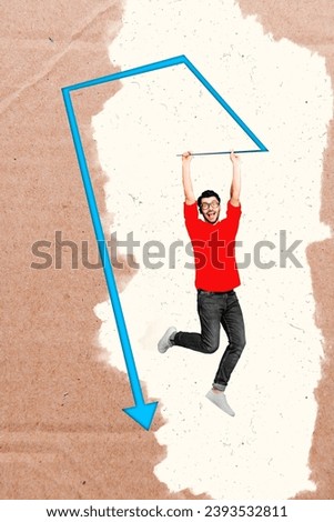 Vertical collage of cheerful mini guy arms hold hanging descending arrow pointer down isolated on paper carton background