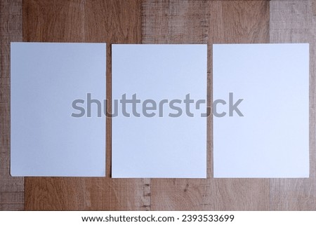 Three empty white vertical rectangle poster mockups on wooden background