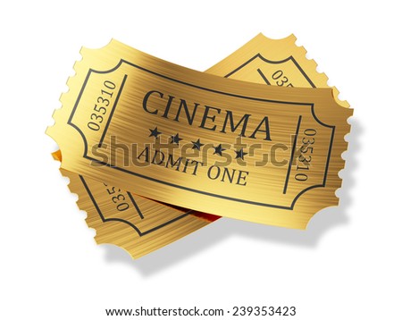 3d render of golden cinema tickets with shadow isolated on white background