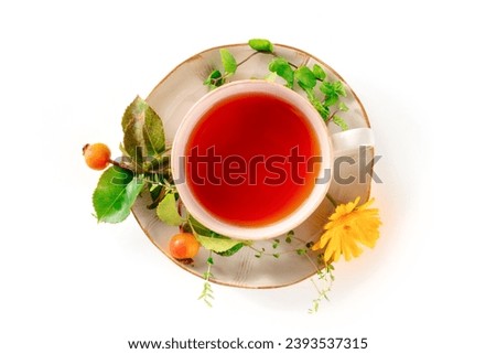 Tea with various ingredients. Teacup and herbs, fruits, and flowers, top shot on a white background. Healthy natural remedies