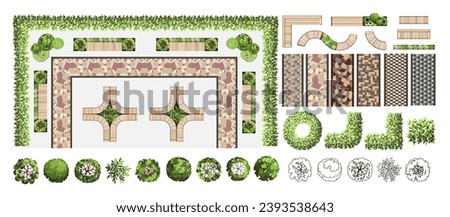 Top view elements for the landscape design plan. Trees, tiles, and benches for architectural floor plans. Maze garden elements. Various trees, bushes, and shrubs. Vector illustration.