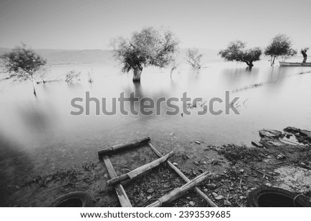 Black and white long exposure with neutral density filter of Bursa, Golyazi. A natural and calm view with the trees in the water.