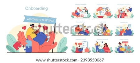 Onboarding set. Welcoming new hires with comprehensive steps. From orientation to becoming a team member. Flat vector illustration. Royalty-Free Stock Photo #2393550067