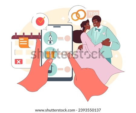 Wedding Coordinator concept. Hands navigate a smartphone app, planning an ideal wedding with key tasks, as a loving couple shares a moment. Organizing nuptials digitally. Flat vector illustration. Royalty-Free Stock Photo #2393550137