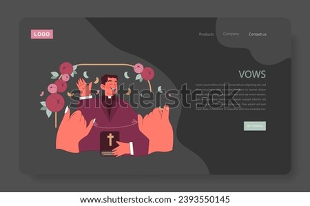 Vows concept. A priest joyfully recites wedding vows, holding a holy book, as hands reach out in celebration amidst floral decor. Moments of unity. Flat vector illustration. Royalty-Free Stock Photo #2393550145