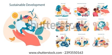 Sustainable development set. Global action for better future, impact on society and environment. Equality, climate preservation, clean energy and responsible consumption. Flat vector illustration Royalty-Free Stock Photo #2393550163