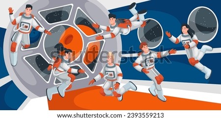 Astronauts flying in zero gravity in cockpit inside spaceship vector illustration. Cartoon astronauts in spacesuits fly in weightlessness in interior of spaceship, travel in space  Royalty-Free Stock Photo #2393559213