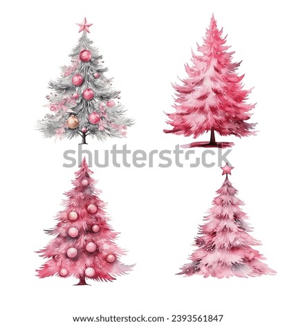 Watercolor Christmas Tree illustration, Cute Pink Trees, Christmas tree with gifts, Cozy Winter clip art, Holiday Design planner scrapbooking