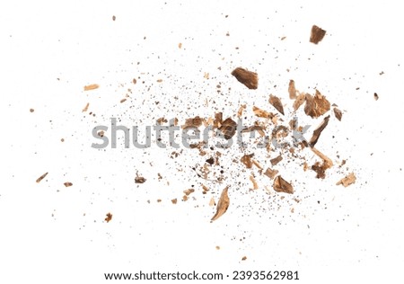 Wood pieces and dust, crushed tree bark isolated on white background, organic texture, top view Royalty-Free Stock Photo #2393562981