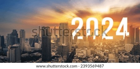 Happy New Year greeting card 2024, 2024 letters on cityscape of modern buildings and urban architecture. Aerial view of Bangkok city at twilight sunset in Thailand