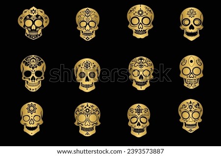 Set of golden day of the dead sugar skulls, gold sugar skulls
