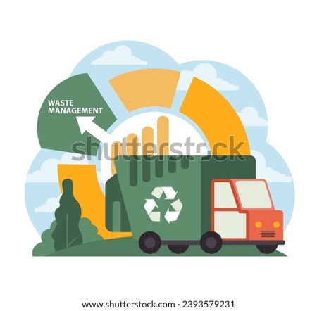 Green garbage truck parked beside a chart symbolizing waste management efficiency. A modern approach to recycling and trash collection. Eco-conscious urban scene. Flat vector illustration