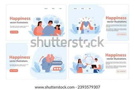 Happiness set. Joyful moments between friends, chemistry of joy with endorphins, shared digital love, office work contentment. Moments of love and joy. Warm interactions. Flat vector illustration