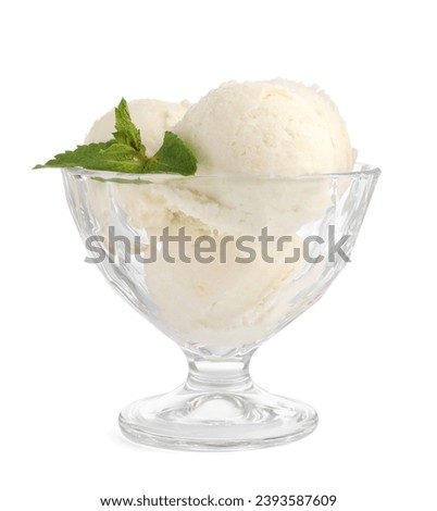 Glass dessert bowl of tasty vanilla ice cream with mint isolated on white Royalty-Free Stock Photo #2393587609