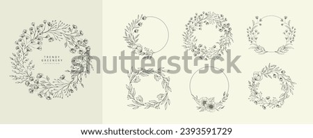 Floral branch and minimalist flowers for logo or tattoo. Hand drawn line wedding herb, elegant leaves for invitation save the date card. Botanical rustic trendy greenery Royalty-Free Stock Photo #2393591729