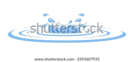 Water splash and water drops. Flat illustration of blue water drops and splashes isolated on white background. Dripping water with liquid aqua dynamic splashing. Clipart vector illustration