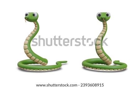 Green 3D snake, view from different sides. Venomous reptile with forked tongue. Dangerous predator. Python with big eyes. Vector character for web design
