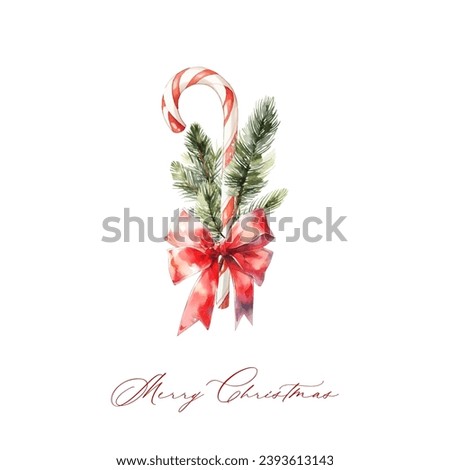 Fir green branch, lollipop cane, red bow satin ribbon with text Merry Christmas. Royalty-Free Stock Photo #2393613143