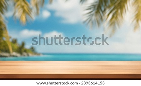 Empty summer holidays background. Horizontal travel banner for advertising product. Wooden table top in front, blurred paradise vacation. Panoramic empty bar counter in focus