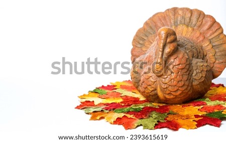 a decorative turkey, With a white background and a ground decorated with colorful leaves. Royalty-Free Stock Photo #2393615619
