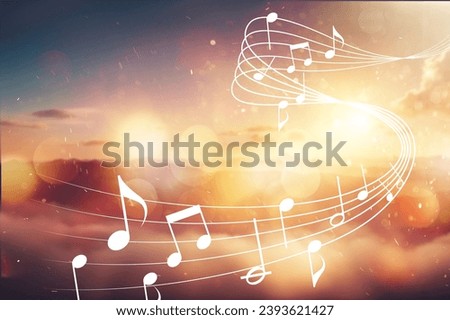 Staff with musical notes at sunset sky Royalty-Free Stock Photo #2393621427