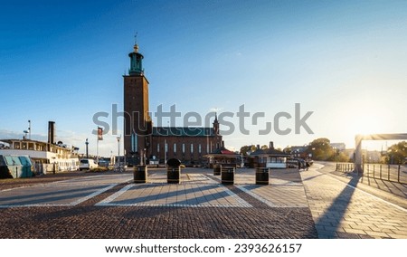 Famous Stockholm City Hall in the evening. Scenic view of the City Hall in the Old Town (Gamla Stan) in Stockholm, Sweden Royalty-Free Stock Photo #2393626157