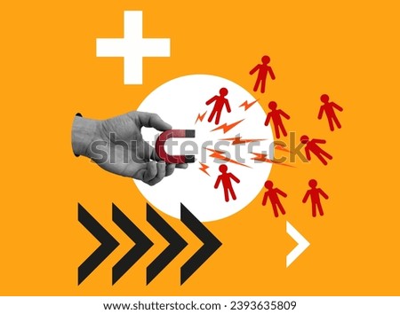 A hand with a magnet attracts figures. Retaining employees or attracting customers. Modern collage. Royalty-Free Stock Photo #2393635809