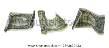 Set one dollar bill flying isolated on white, clipping