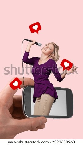 Artwork collage picture of person singing in modern device