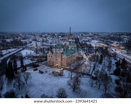 Turku castle pictured from air during winter 