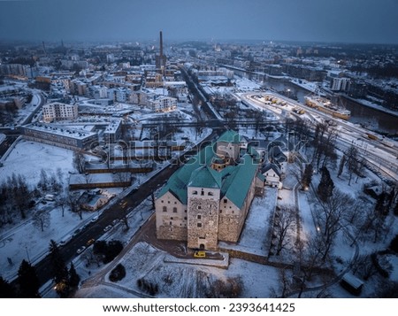 Turku castle pictured from air during winter 