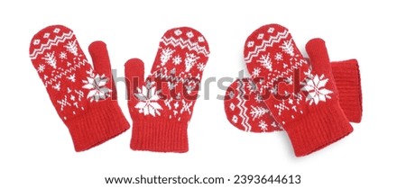 Knitting red wool white snow flakes mittens  isolated on white background.