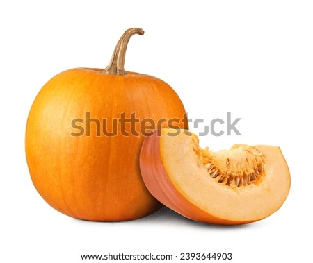 Whole and cut fresh ripe pumpkins isolated on white