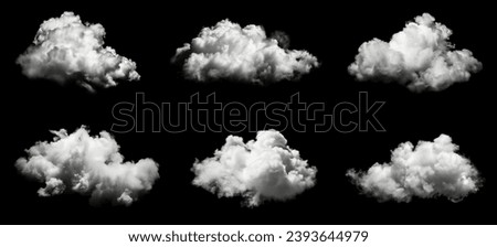 White clouds collection isolated on black background, cloud set on black background. Set of clouds isolated on black background. Abstract clouds collection on black background. Realistic Clouds cutout