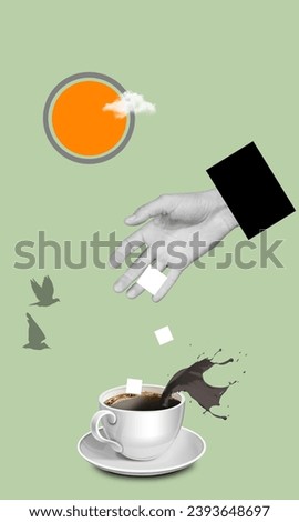 Advert picture of fingers hold cubes of sugar put  coffee