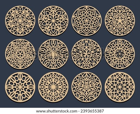 Lotus Mandala Vector Template Set for Cutting and Printing. Oriental silhouette ornament. Vector coaster design Bundle	 Royalty-Free Stock Photo #2393655387