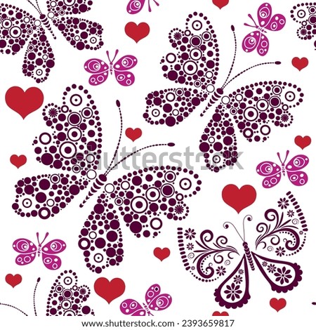 Vector Valentine seamless tricolor pattern with red hearts and butterflies on transparent background. 
